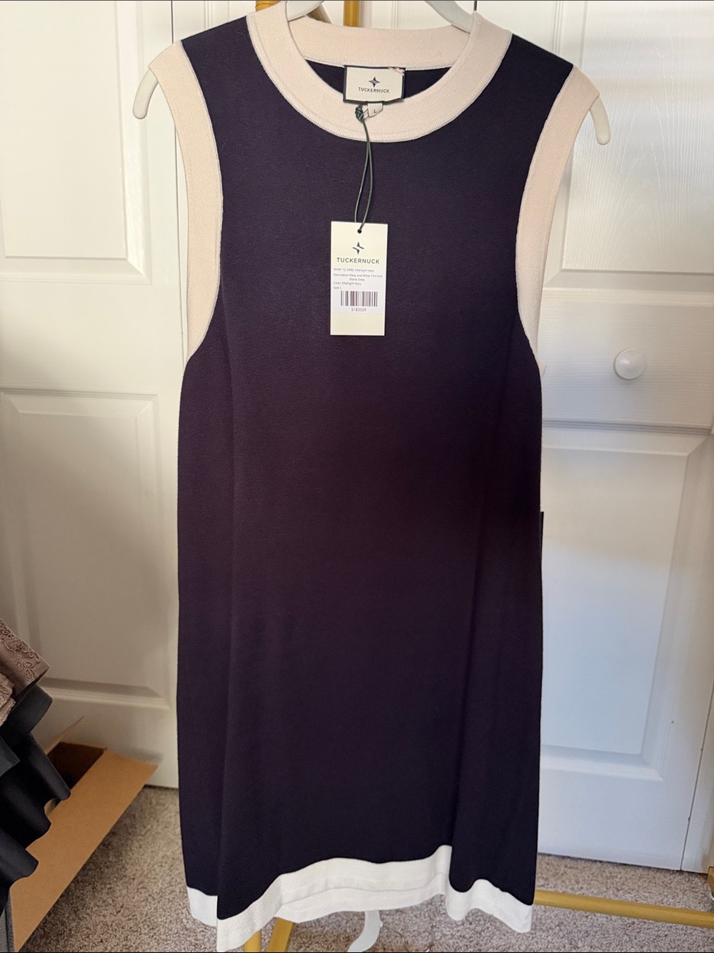 Tuckernuck Sleeveless Knit Midi Dress in navy and Cream